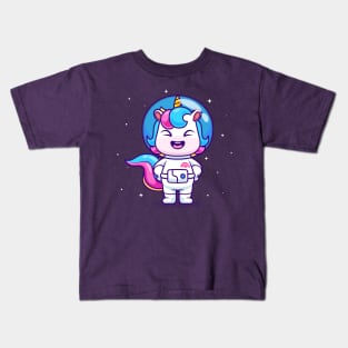 Cute unicorn astronaut standing outside space Kids T-Shirt